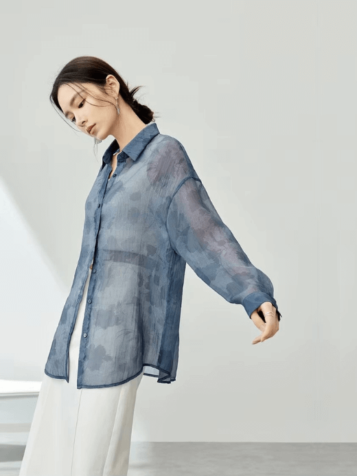 Sheer Floral Print Shirt    Women’s spring summer casual printed blouses Long sleeves Tops for woman Loose button up turn-down collar shirts semi-transparent in blue with flower pattern wfh womens workwear 141C53799