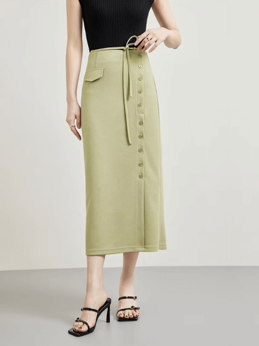 High-Rise Straight Skirt      Women's Casual summer lace-up solid color elegant A-line single breasted split button-up ribbon-belt high rise waist midi skirts for woman in khaki light green Womens wfh workwear mid-calf fashion #141Q53031