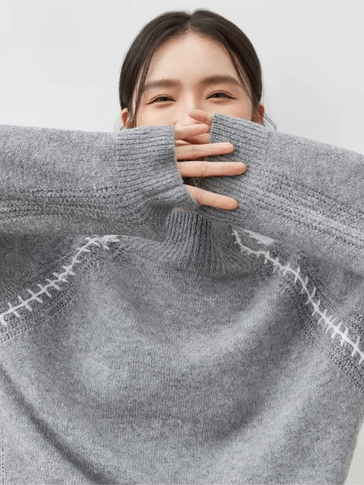 Wool Spliced Sweater   Knitted Women’s Winter wfh workwear loose fit ribbed stand neck collar long sleeves with accent stitch weave and rib cuffs Comfort Tops  for woman in Gray Womens woolen mockneck rib sweaters in grey #W44E57282