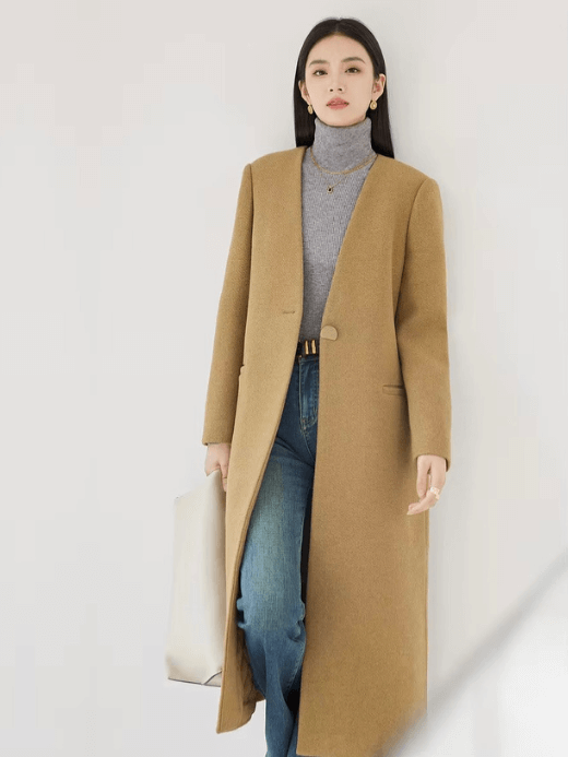 Quilted Woolen Long Coat      Women’s Warm winter wfh office workwear plain tailored long sleeve pockets outerwear coats for woman Female v-neck longline sing button womens wool overcoats in khaki #134D52663