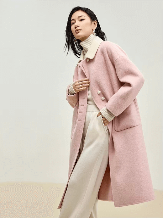 Patchwork Spliced Wool Coat pink   Women’s winter double sided single breasted Polo neck turn-down collar love heart button-up long sleeves with dropped shoulders patch pockets coats for woman in light-pink color with white highlights Womens warm woolen-blend outwear Jackets Outerwears #W44O56043