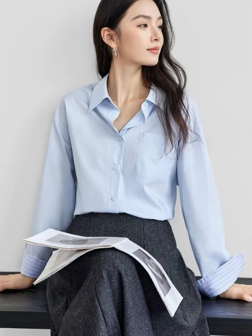 Patchwork Cotton Shirt Women’s casual spring turn-down collar single breasted commute office wfh workwear embroidered blouses for woman in light sky blue Womens long sleeves wide striped cuff chest patch pocket with heart embroidery shirts #151C57513
