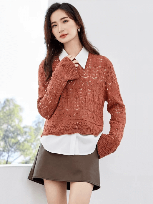 Hollow Out Crewneck Sweater red     Women’s Fall  Autumn round O-neck elegant long sleeves temperament holed acrylic knit regular yarn tops for woman slight stretch Jumpers Womens holes crew neck fashion sweaters  in  brownish-red #W33E52449