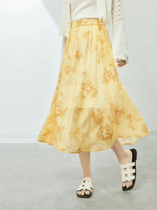 Floral A-Line Midi Skirt   Women’s Spring Casual Elastic high rise waist pleated folds elegant Holiday getaway pleats Long Skirts for woman in yellow flowers Womens mid-calf no-stretch vacation fashion #141Q54035