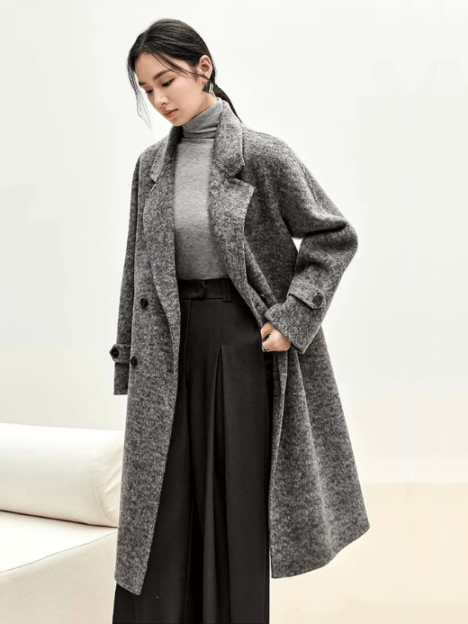 Oversize Long Woolen Coat    Women’s winter luxury warm straight double breasted turn-down collar button-up slant side pockets long sleeves with latch button cuffs coats for woman high quality overcoat petite-, plus-, size Outerwear in dark gray grey W44O56042