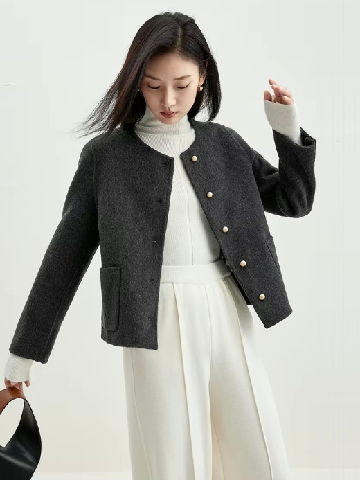 Wool Blend Crop Coat   Women’s Double-sided woolen mandarin collar patch pockets long sleeves with three-button cuffs button-up short coats for woman Female Outwear Fall Autumn Winter womens Fashion in dark Gray grey Jackets outerwear #W34O49412