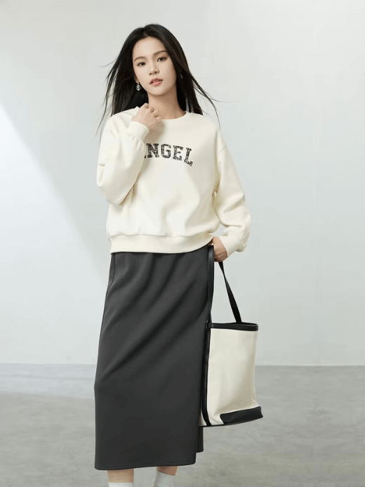 Cotton Two Piece Set     Women’s ANGEL Printing Crop Sweatshirts Straight Elastic Waist Skirts for Woman Simple Cozy Womens Clothing Sets in white gray grey plus size #141Z53804