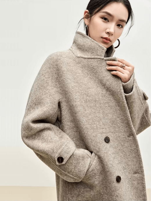 Oversize Long Woolen Coat oats    Women’s winter luxury warm straight double breasted turn-down collar button-up slant side pockets long sleeves with latch button cuffs coats for woman high quality overcoat petite-, plus-, size Outerwear in dark oatmeal W44O56042