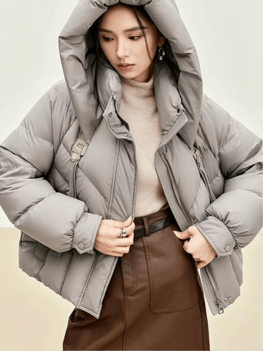 Hooded White Duck Down Coat   Women’s straight stand neck warm long sleeves button-up zipper close with windbreaker straps cropped Overcoat for woman in light milk coffee brown slant side pockets Padded puffer coats Womens Winter outerwear plus size Clothes #W44Y56648