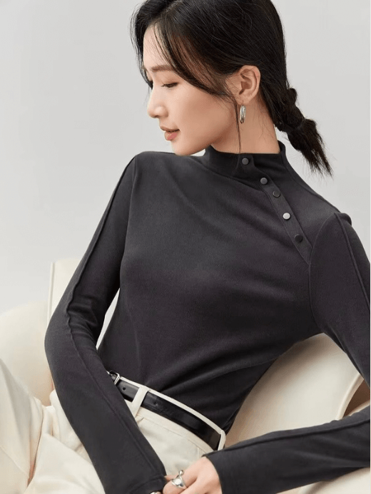 Cotton Knit Mockneck T-Shirt    Women’s casual slim basic half high neck with button-up shoulder accent long sleeves pullovers Tops for woman in black Womens plus size Tees Fall Autumn Winter Spring wfh office workwear Fashion T-Shirts Clothing T shirts #143S56790