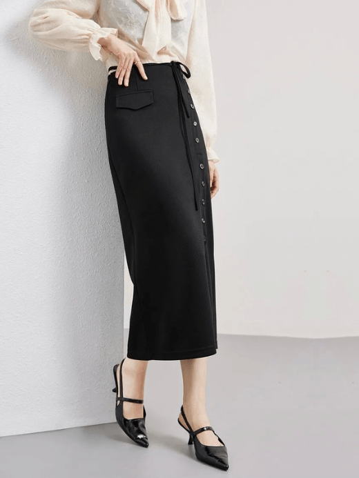 High-Rise Straight Skirt      Women's Casual summer lace-up solid color elegant A-line single breasted split button-up ribbon-belt high rise waist midi skirts for woman in black Womens wfh workwear mid-calf fashion #141Q53031