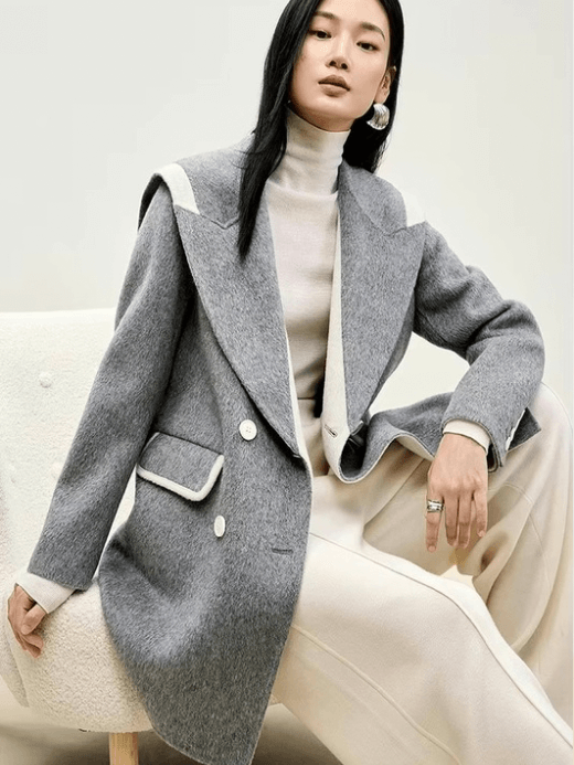 100% Woolen Coat Women’s Straight spliced sailor collar double breasted button-up wool texture outwear coats for woman in lava smoke ash gray with white accents Female Winter Fall plus size long sleeves flap pockets  grey wfh office workwear outerwear fashion #W44O55977
