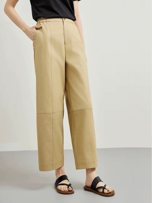 Wide Ankle-Length Pants Women’s 100% cotton Khaki simple elegant high rise waist straight loose wide-leg trousers for woman in beige Womens Summer patchwork slant side pockets + patch back pocket plus size Pant #142K53238