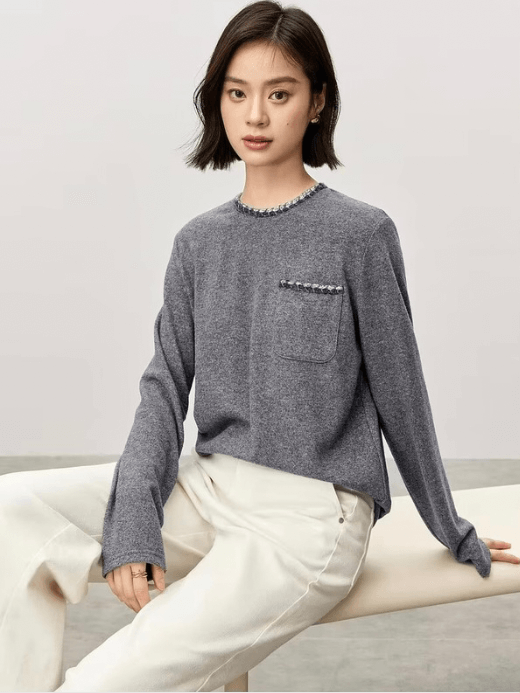 Modern Loose Knit T-Shirt Women’s casual viscose-blend woven tape O-neck long sleeves simple elegant Tops T-Shirts for woman in gray Fall Autumn Winter Women round crew neck Tees Crewneck patch chest pocket with twill accents grey T shirts Clothing #143T56913