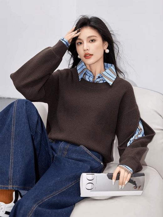 Polo-Neck Sweater 2-Piece   Women's casual retro fake two piece contrast color spliced Tops for woman in coffee brown with blue brown black white striped shirt Knitted womens Fall Autumn Winter Fashionable stripes petite-, plus-, size wfh office workwear Sweaters shirts