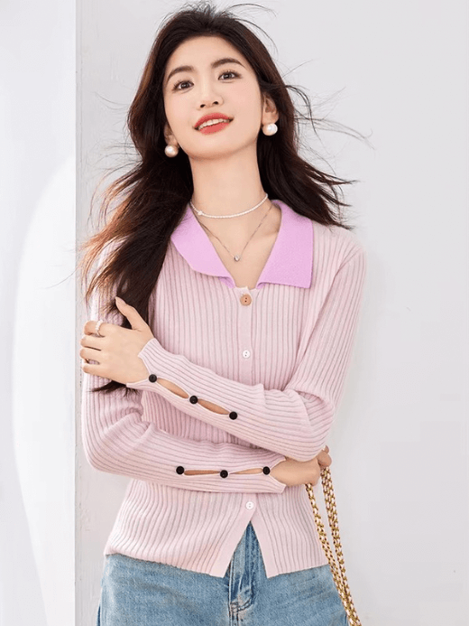 Turn-down Collar Rib Cardigan pink    Women's ribbed long sleeves with slit three button cuffs knitted button-up sweater cardigans for woman in pink Chic slim fit Fall Autumn Fashion womens plus size Tops