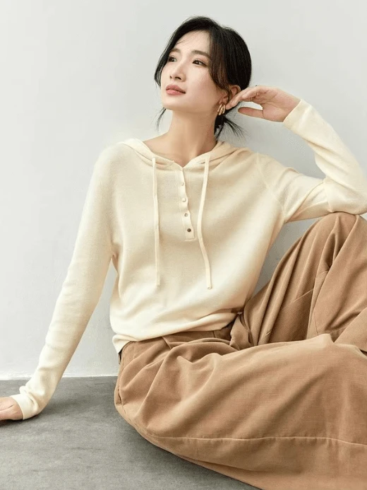 Hooded Sweater apricot   Women’s High stretch knitwear hood with drawcords Pullovers Casual Hoodie for woman long sleeves knitted womens top Fall Autumn fashion #W43E56738