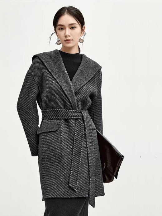 Straight Hooded Woolen Coat    Women’s hooded v-neck collar Big large pockets warm long sleeves lace-up sashes belt mid-length overcoat coats for woman in Gray  Winter Korean Style Womens grey outerwear #W44O56116