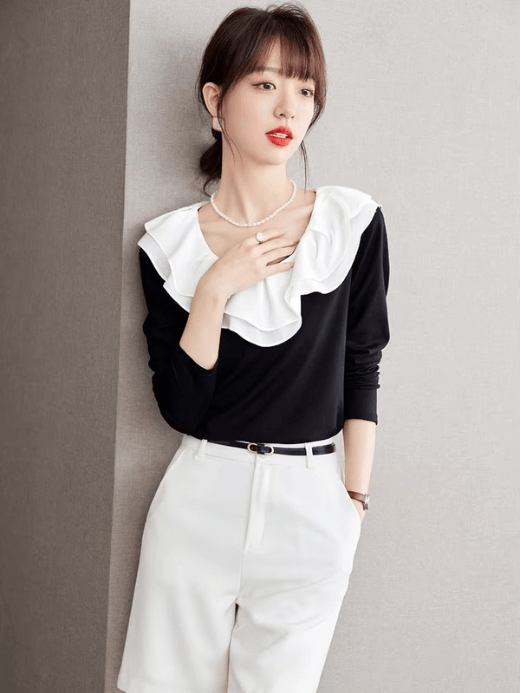 Temperament Ruffled Top  Women’s long sleeves crewneck Tops contrast French look slim solid color black with white anime kawaii lolita crew neck Shirts Womens Fall Autumn Winter ruffles round O-neck plus size boatneck blouses fashion