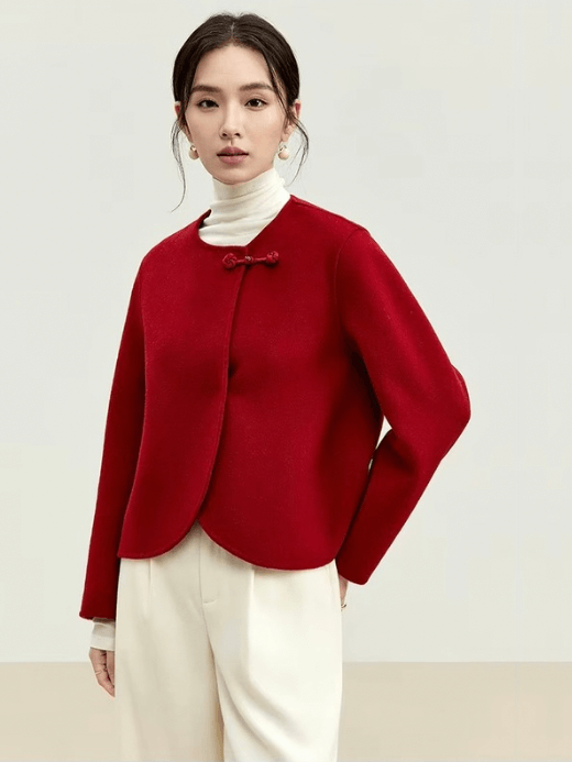 100% Woolen Cropped Coat    Women’s Chic button-up double sided round O-neck long sleeves crop wool Jackets for woman in red Winter Christmas New Year womens petite-, plus-, size coats outerwear #W44O56627