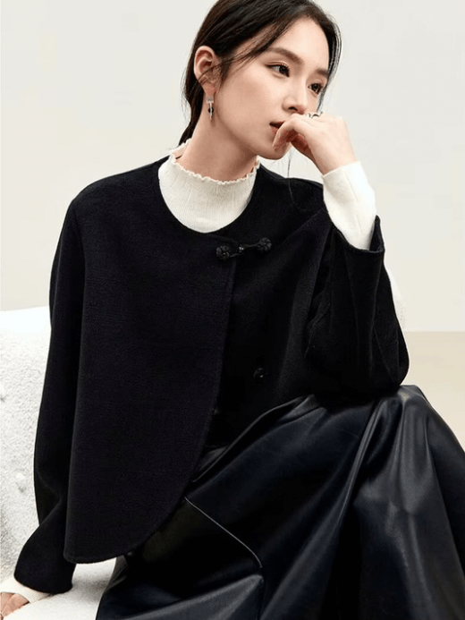 100% Woolen Cropped Coat black    Women’s Chic button-up double sided round O-neck long sleeves crop wool Jackets for woman Winter Christmas New Year womens petite-, plus-, size coats outerwear #W44O56627
