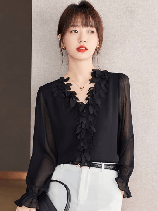 V-Neck Ruffled Top    Women’s Loose leaf leaves design splicing ruffles design solid color elegant semi-transparent long sleeves Female casual office wfh workwear Shirts for Woman in black Fashion womens tops clothing