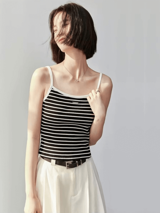 Stripe Cotton Tank    Women’s slim fit casual knitted metal decoration with JINDELIWUJN engravement sleeveless straps square neck short top for woman in black and white Fall Autumn womens petite-, plus-, size striped tops Clothes #143I55950