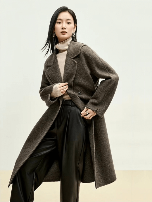 Sailor Collar 100% Woolen Coat     Women’s button-up double breasted with sashes belt oversized turn-down sailor notch collar long sleeves slant pockets overcoat coats for woman in tea coffee brown Female Womens Fall Autumn Winter Warm handmade Outwears wool outerwear  #W44O56663