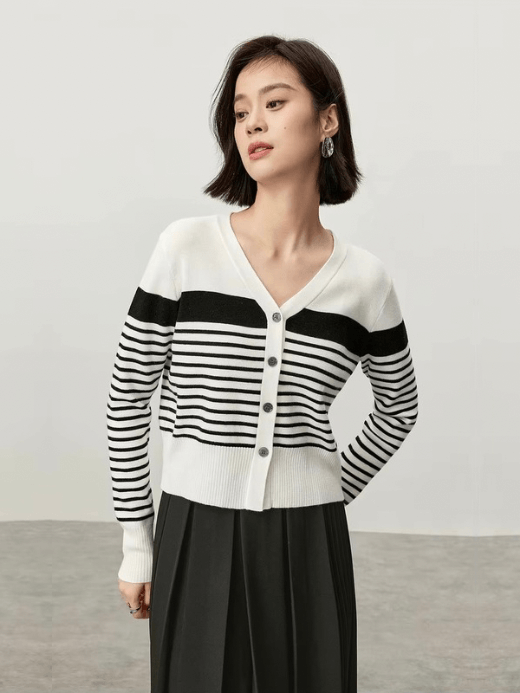 Stripe V-Neck Cardigan   Women’s spliced V Neck long sleeves with large rib band cuffs single breasted button-up cardigans with big ribbed hem woolen Knitwear for woman in black and white Fall Autumn Winter Wool Blend Striped Womens plus size office wfh workwear Outerwear #W44E57182