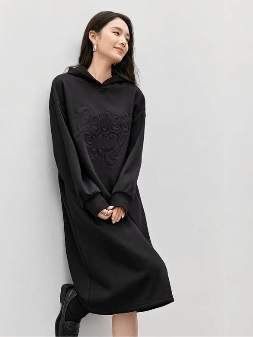 Cotton Hooded Sweater Dress   Women’s casual Knit loose Level Up letter embroidery long sleeves with band cuffs hood pullovers dresses outwear for woman in black Fall Autumn Winter womens outerwear embroidered detailed hem knitted sweaters Mid-calf length loose waist petite-, plus-, size clothing  #144L57099