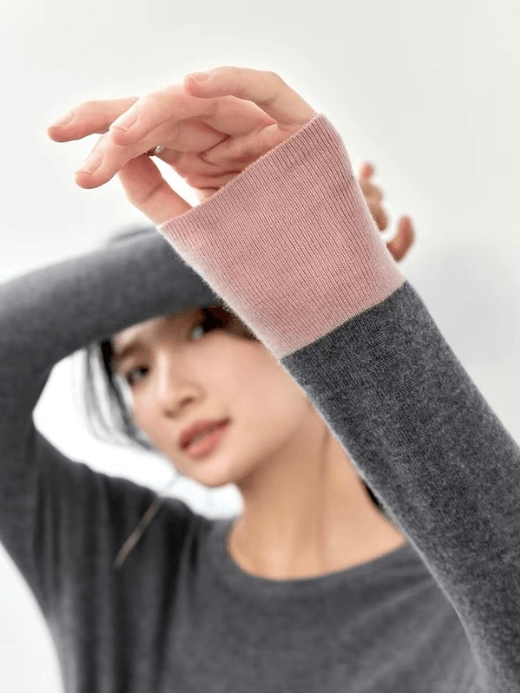 Rib Sweater gray     Women’s casual patchwork comfort slim round O-neck long sleeves with shoulder accent strip and color band cuffs for woman in Gray Women Crewneck wool ribbed knit pullover clothing Fall Autumn womens grey with pink and white accents knitted crew neck sweaters woolen ribbed tops #W43H56254