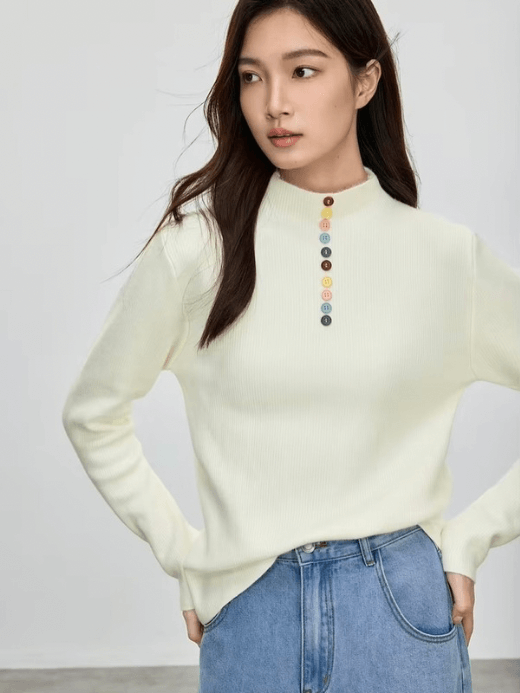 Rib Mockneck Sweater     Women’s solid ribbed knitted pullovers for woman in white thick loose half high neck spliced multicolor button simple elegant chic sweaters Womens Spring clothing  #W51E58930