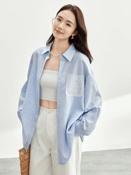 Embroidered Cotton Shirt     Women’s casual spring turn-down collar single breasted commute office wfh workwear rippled striped blouses for woman in light sky blue  Womens long sleeves with dropped shoulders and wide stripes ripples button cuff chest patch pocket with white embroidery pattern shirts #151C58119