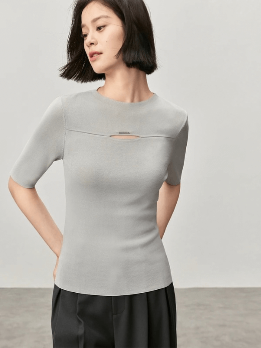 Slit Crewneck T-Shirt   Women’s hollow out knitted T-shirts for woman in gray  Womens Fall Autumn Slim half sleeves round O-neck metal logo solid simple elegant crew neck tees Tshirt Office wfh workwear vacation getaway holiday Tops in light grey #W43H56237