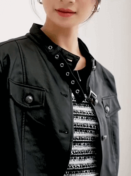 Vegan Leather Crop Jacket      Women’s collarless button-up long sleeves zipper close flap button pockets with buckle hem faux Pu Jackets for woman in black Womens Female outerwear moto biker outewear #W33G49937