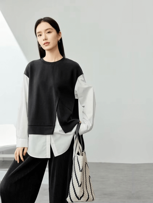 Crewneck Sweatshirt 2-in-1      Women’s contrast patchwork long sleeves Tops  for woman in black and white accents Spring round O-neck female pullover petite-  plus-, size womens crew neck oversized sweatshirts #141A53791