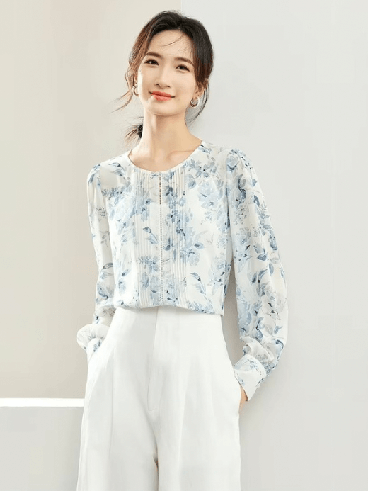 Chiffon Blouse and Cami 2-Piece   Women’s floral Printed Chinese Style Fashion Hollow Out Straight ruffles Shirt Camisole Tops for woman in blue Long sleeves round boatneck collar button-up lace ruffled semi-transparent flowers shirts with spaghetti straps tank top  #143V57361X