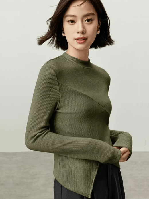 Irregular Knit T-Shirt    Women’s Patchwork slim fit solid knitted round O-neck long sleeves slit pullover tees for woman in Olive green Female petite-, plus-, size ribbed crewneck T-shirts Fall Autumn Winter womens rib crew neck clothing tops #143T57003