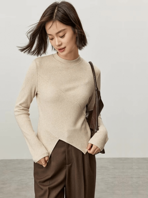 Irregular Knit T-Shirt oats    Women’s slim fit solid knitted round O-neck long sleeves slit pullover tees for woman in oatmeal color Female petite-, plus-, size ribbed crewneck T-shirts Fall Autumn Winter womens rib crew neck clothing tops #143T57003