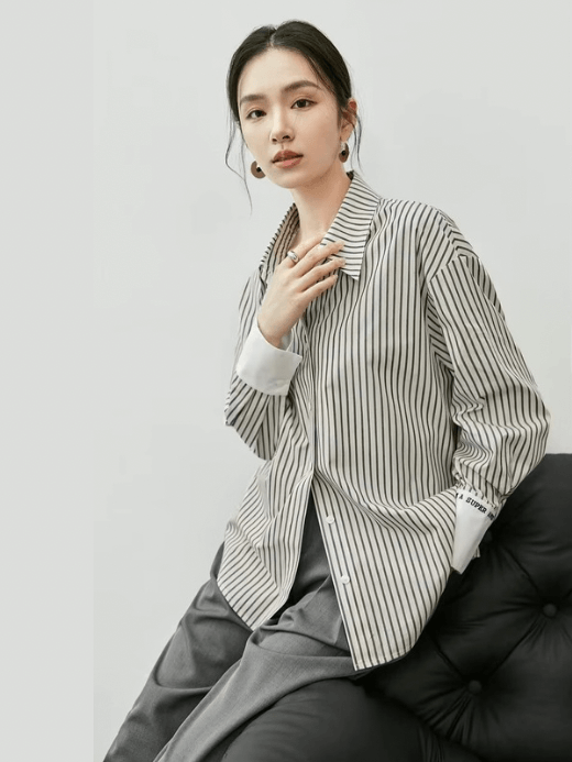 Striped Shirt 100% Cotton    Women’s patchwork embroidery turn-down point collar button-up long sleeves with wide point cuffs with inner Embroidered YOU ARE SUPER AWESOME lettering Blouses for woman in green black stripe on khaki with white accent color Spring Fall Autumn Womens petite-, plus-, size shirts office wfh workwear Clothing #143C56172