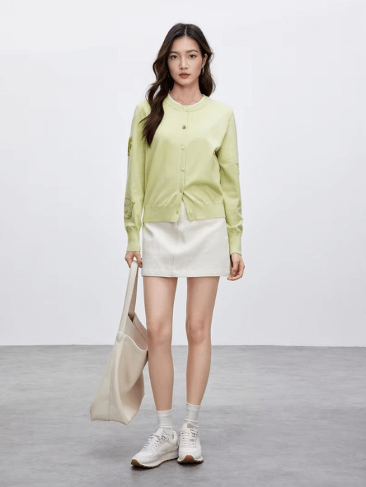 Jacquard Knitted Cardigan green     Women’s spliced round O-neck long sleeves animal bird graphic single breasted button-up knitted cropped crewneck Cardigans for woman in light-green Spring womens petite-, plus-, size crew neck Sweaters fashion #W51H58806