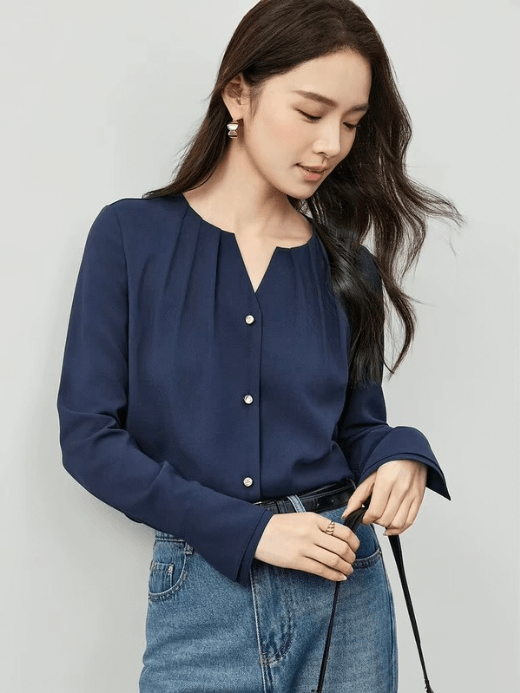 Boatneck V-Neck Shirt blue    Women’s loose fit folds boat neck single breasted button-up long sleeve with slight dropped shoulders and band patchwork cuffs Shirts for woman in dark navy-blue Spring womens Office Lady wfh workwear petite-, plus-, size Blouses #151C57356