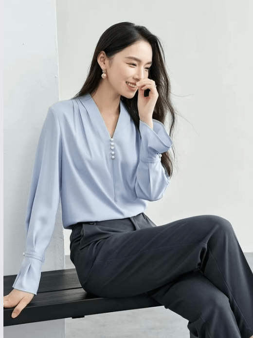 Folds V-Neck Chiffon Top blue     Women's Bottoming hem straight fit V Neck long flare sleeves with slight dropped shoulders and wide banded pearl button cuffs elegant Shirts Tops for woman in light pastel-blue Spring womens office Lady wfh workwear fashion Holiday getaway vacation Blouses  #151V56992