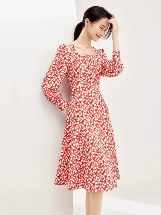Square-Neck Dress    Women’s French look floral printed square neck midi dresses for woman in red Slim fitted A-line long sleeves flowers print Spring Vacation womens folds petite-, plus-, size zipper close Fashion squareneck Clothing #133L51377