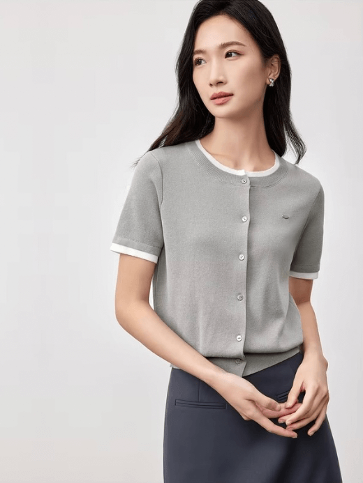 Spliced Knit Crewneck Cardigan  Women’s slim fit round crew neck collar single breasted button-up short sleeves patchwork accent trim ribbed rib band hem cardigans for woman in gray Chic Tops Spring womens grey alt-g alernative office wfh workwear petite-, plus-, size fashion #W51H58750