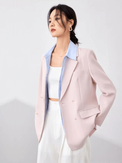 Notch Blazer Jacket    Women’s Elegant formal turn-down notch collar Wide-waisted loose fit double breasted close patch banded chest pocket long sleeves with three barbed-wire fence-wire style button cuffs flap pockets back hem slit Female Outerwear for woman in light pastel pink Office Lady womens wfh workwear suit Jackets petite-, plus-, size outwear  #M41X54182X