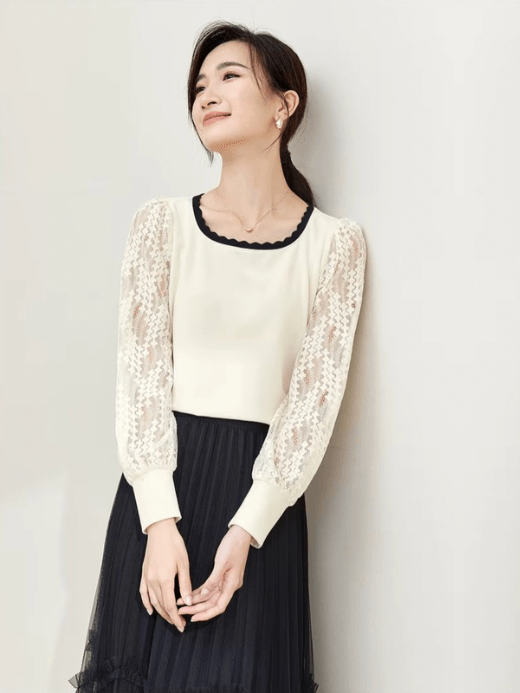 Patchwork Lace Top  Women’s Pullover hollow-out long sleeves with band cuffs knit square scoop neck blouse Tops for woman in white with black trim Spring elegant fashion knitwear womens Femmes Blouses #133H50519
