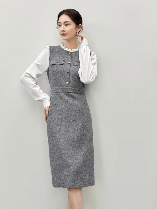 Spliced Ruffles Dress    Women’s Elegant contrast splice ruffled stand collar elastic waist slit Dresses for woman in gray with white trim Fall Autumn Winter womens Ladies petite-, plus-, size office wfh workwear fashion grey style #144L57111