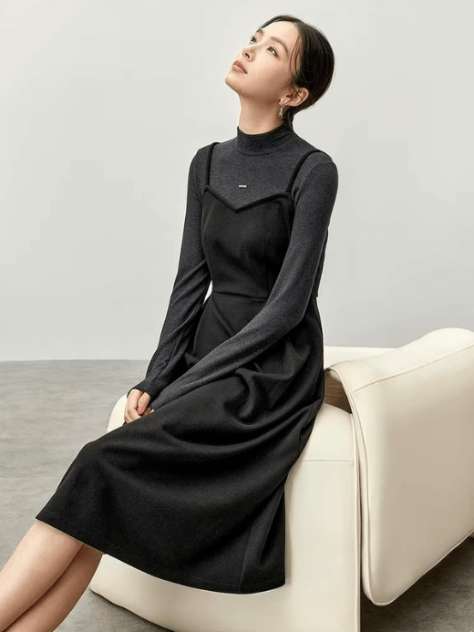 2-in-1 Knitted Dress    Women’s Elegant half high mockneck collar and square neck  A-line spaghetti straps long sleeves fitted black knit style for woman Winter warm womens Nico And… Letter metal pin mid-calf long midi Dresses Petite-, tall-, plus-, size #144L57169