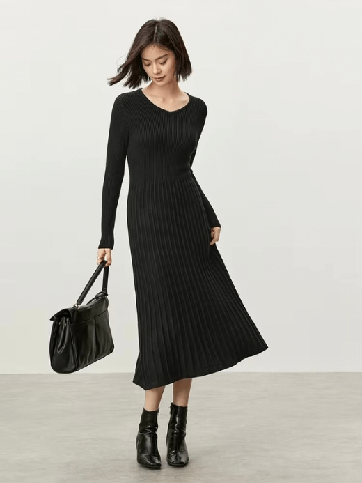 V-Neck Rib Knit Dress black    Women’s solid knitted natural retract waist long sleeves comfort mid-calf ribbed pleated midi dresses for woman Winter womans petite-, plus-, size pleats clothing #W44L57207